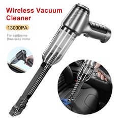 an image of a car vacuum cleaner with the words wireless vacuum cleaner on it's side