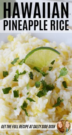 a bowl filled with rice and garnished with cilantro on the side