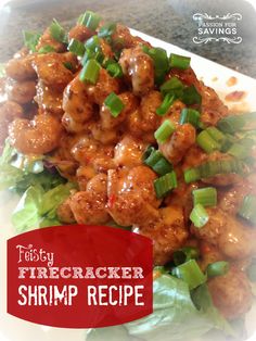 a white plate topped with shrimp and lettuce next to a red sign that says testy firecracker shrimp recipe