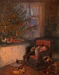 a painting of a child sleeping in a chair next to a christmas tree