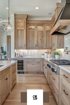 a large kitchen with wooden cabinets and white counter tops, along with hardwood flooring