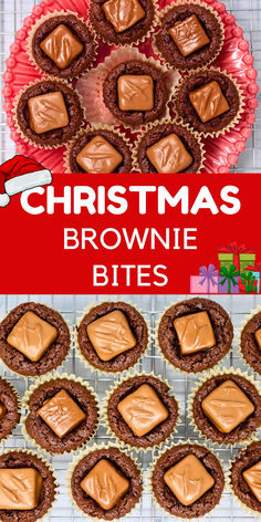 christmas brownie bites with chocolate frosting in the middle on a cooling rack next to a plate of cookies