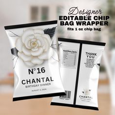 a bag with a white flower on it and the text, no 16 birthday dinner editable chip bag wrapper