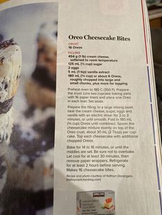 an article about oreo cheesecake bites is shown in the magazine's page