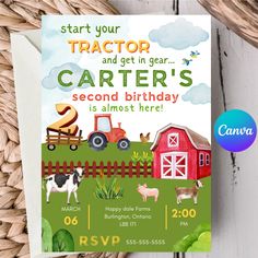 a birthday card with farm animals and tractor in the background, on a basket next to it