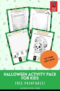 halloween activity pack for kids with free printables on the front and back cover