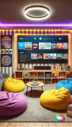 a living room with bean bag chairs and a flat screen tv mounted on the wall