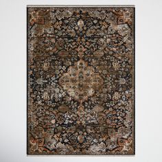 an area rug is shown with various colors and patterns on the carpet, including brown