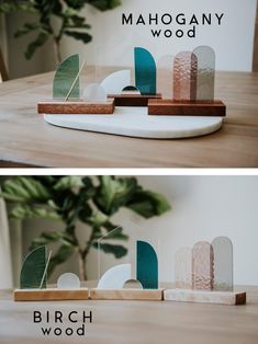 two photographs of different shapes and sizes of wood on top of a wooden table next to a potted plant