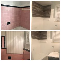 four pictures of bathroom with pink tiles and white fixtures, including the shower curtain in the corner