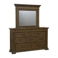 a dresser with a mirror on top of it and drawers below the drawer, in front of a white background