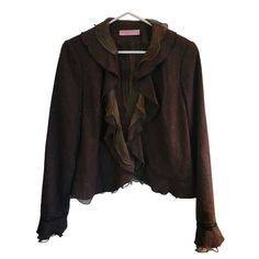 This Jacket Is Timeless. Beautiful Shape And Cuffs. Stunning Delicate Ruffle Front . Rich Brown With 100% Silk Lining. Never Worn Excellent Vintage Condition. 90's. Dress Up A Pair Of Jeans For Romantic Boho Look. Or Pair Over A Dress Or Skirt. Stunning Coastal Western Look As Well. Size Is 14/ L/Xl Chic Winter Blazer With Ruffles, Long Sleeve Ruffled Blazer For Fall, Vintage Ruffled Winter Outerwear, Coastal Western, Ruffle Jacket, Romantic Boho, Western Look, Suits And Jackets, Boho Look