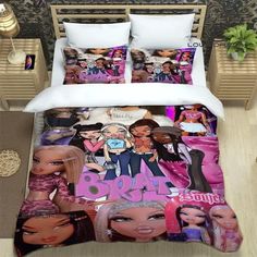 a bed with two pillows and some pictures on the pillowcase, one is pink