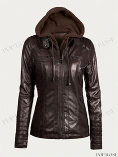 Poprose - Spring Essentials Hooded Leather Jacket For Women Hooded Leather Jacket For Cold Fall Weather, Hooded Leather Jacket For Outdoor Fall, Fall Outdoor Leather Jacket With Double-lined Hood, Hooded Leather Jacket With Pockets For Cold Weather, Hooded Leather Jacket With Zipper For Fall, Fitted Hooded Leather Jacket For Cold Weather, Fall Hooded Leather Jacket With Double-lined Hood, Brown Hooded Leather Jacket For Outdoor, Hooded Leather Jacket For Fall