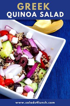 greek quinoa salad in a white bowl on a blue tablecloth with a spoon