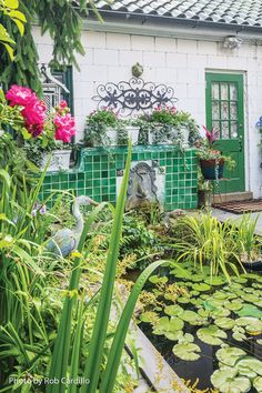 Koi pond water feature with green tile backsplash Green Tile Roof, Growing In Containers, Vegetables Growing, Bigleaf Hydrangea, Panicle Hydrangea, Garden Retreat, Tile Roof