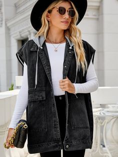 Hooded Sleeveless Denim Top with Pockets - Body By J'ne Sleeveless Denim Jacket Outfit, Sleeveless Denim Jacket, Black Denim Vest, Womens Denim Vest, Oversized Vest, Denim Jacket Outfit, Jacket With Pockets, Hoodie Women, Long Jeans