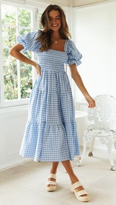 Plus Size Women Puff Square Neck Full-length Checked Plaid Dress Summer Holiday Maxi Dress Party Dress Vestidos Dirndl Outfit, Summer Plaid, Bandeau Tops, Mini Robes, Statement Dress, Summer Fashion Dresses, Puffed Sleeves Dress, Vestido Casual, Plaid Dress