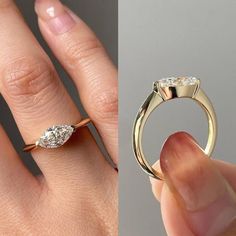 a woman's hand holding an engagement ring and another photo of her wedding band