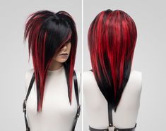 Black and Red Emo Scene Wig - Medium Length Shaggy Spiky Wig with Side Part Bangs, Alternative Goth Visual Kei Rocker Style Products Informations * Cap Size: Average (54-56cm), with elastic and an adjustable hook. Custom sizing is * available upon request. * Unisex - Size of the wig is adjustable and suitable for different head size, style is suitable for man and woman. * Premium quality heat resistant synthetic hair, can style with the electrical tool that has heat control. (under 180o) * Size Goth Wigs, Medium Hair Styles With Bangs, Bangs Alternative, Alternative Haircuts Medium, Emo Bangs, Side Part Bangs, Wig Side Part, Scene Wig, Dreads Care