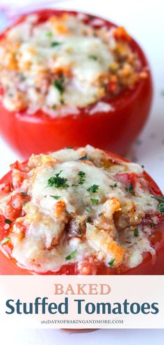 baked stuffed tomatoes with cheese and parsley on top, sitting next to each other