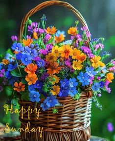 a basket filled with colorful flowers sitting on top of a wooden table