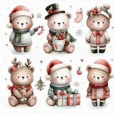 four teddy bears with christmas hats and gifts