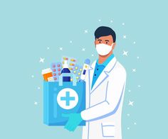 Pharmacist holds paper bag with medicine... | Premium Vector #Freepik #vector #sale #paper #medical #man Role Of Pharmacist, Doctor White Coat, Medical Business Card, Medical Business, Man Vector, Pill Bottles, Dark Phone Wallpapers, Cartoon Boy, White Coat