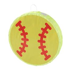 a yellow and red ball shaped pillow with stitches on it's side, in the shape of a baseball