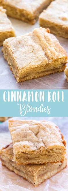 cinnamon roll blondies stacked on top of each other with the title in the middle