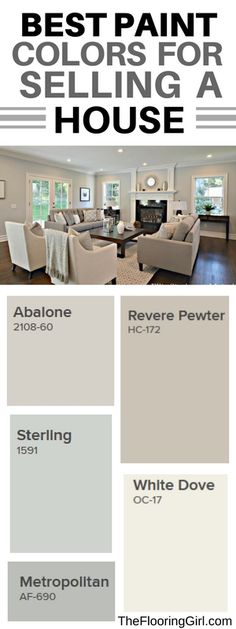 the best paint colors for selling a house in white dove and silver dove, with text overlay that reads best paint colors for selling a house