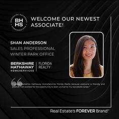 a black and white photo with the words welcome to our newest associate, shan anderson sales professional winter park office