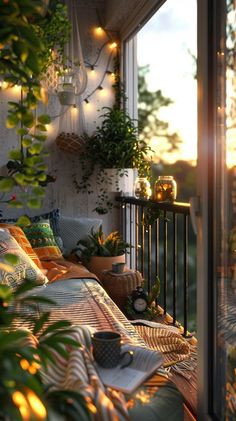 the balcony is decorated with plants and lights