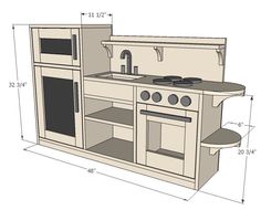 a drawing of a kitchen with an oven, sink and cupboards on the side