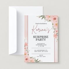 a pink and white floral surprise party card