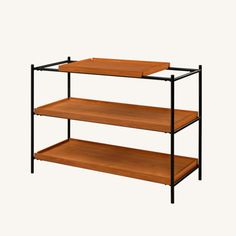 three tiered shelving unit with wood top and black metal frame, on white background