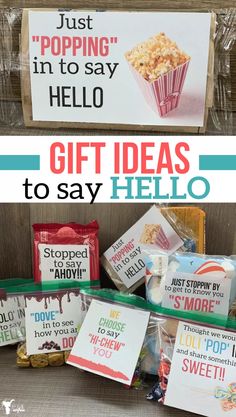 two pictures with the words, gift ideas to say hello on them and an image of popcorn