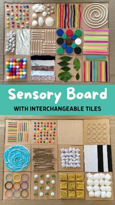 an assortment of crafting materials with text overlay that reads, ` `'sensory board with interchangeable tiles