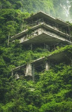 an old building is covered in vegetation and surrounded by tall, green trees on the side of a mountain