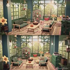 the interior of a doll house with furniture and flowers