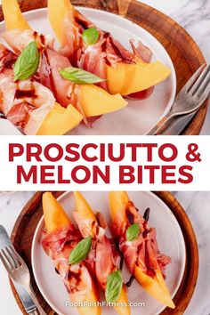 prosciutto and melon bites on a plate with silverware next to it