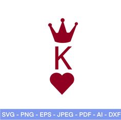 the letter k with a crown and heart is shown in red on a white background