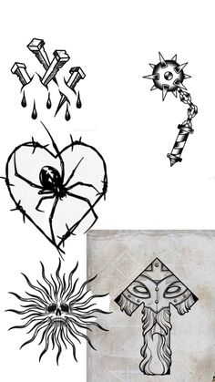 some drawings that have been drawn on paper and are in the shape of heart, cross,