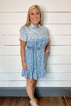 A tencel dress with faded denim ombre and full of stars!  So cute for the July 4th holiday or anytime you're feeling patriotic!  #july4thdress #stardress #shoponline #onlineboutique July 4th Holiday, Tencel Dress, Dress With Ruffle Hem, Faded Denim, Star Dress, Team Usa, Button Down Dress, Star Print