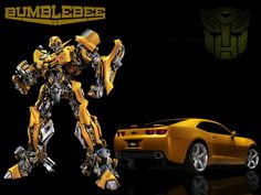 an image of a yellow car and a bumblebee robot in front of a black background