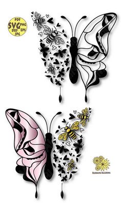 two butterflies with black and white designs on them, one is pink and the other is yellow