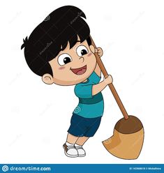 a young boy holding a broom and smiling