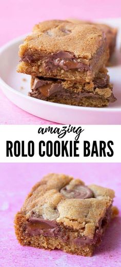 chocolate chip cookie bars stacked on top of each other with text overlay reading amazing rolo cookie bars