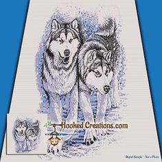 two grey wolfs cross stitched together on a white background with blue border and the words hooked creations com