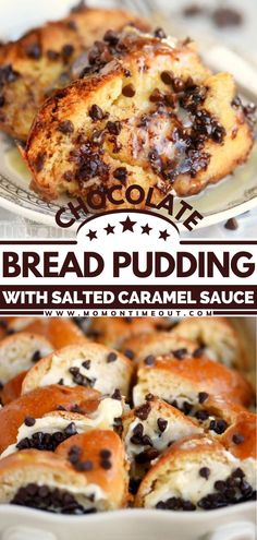 bread pudding with salted caramel sauce is shown in this collage